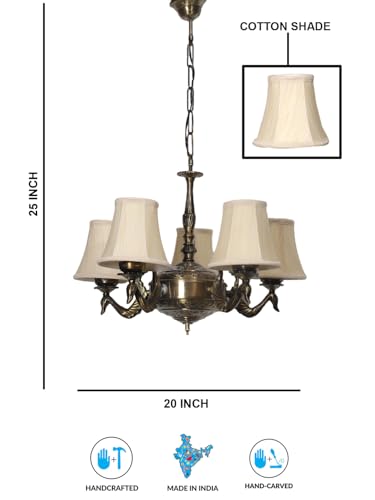 Image of Devansh 05-Light Conical Off-White Cotton Shade Chandelier - Antique Golden Finish | Adjustable Cord | Warm Glow Lamp - Ceiling Light for Living Room, Dining Area, Bedroom & Entryway Decor - D3