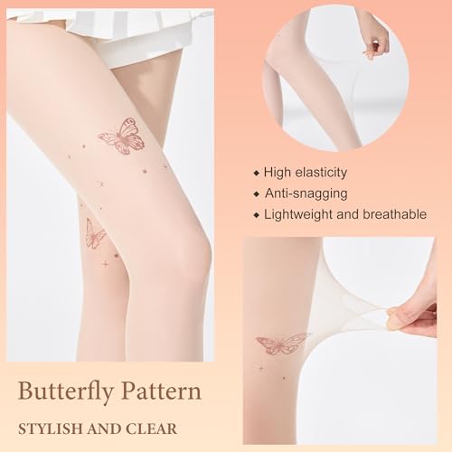 Image of Women's Nude 15D Butterfly Pattern Pantyhose, Ultra-Thin Anti-Snag Tights with Reinforced Toes, Super Elastic Comfort for Everyday Wear(Skin color)