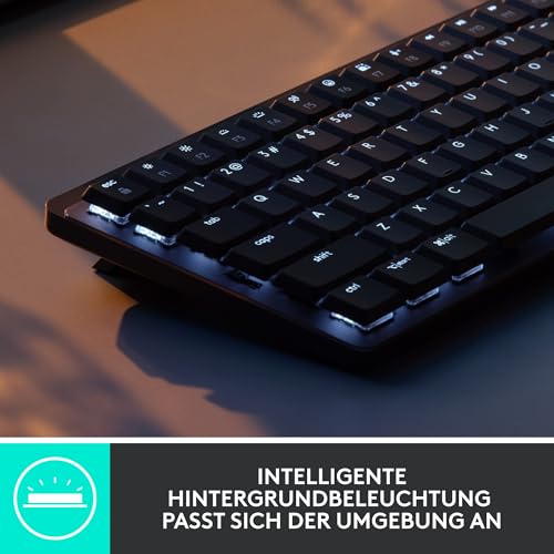 Logitech MX Mechanische kabellose Mini-Tastatur mit Beleuchtung, Taktile leise Tasten, Hintergrundbeleuchtung, Bluetooth, USB-C, macOS, Windows, Linux, iOS, Android, Metall, Deutsches QWERTZ - Grau