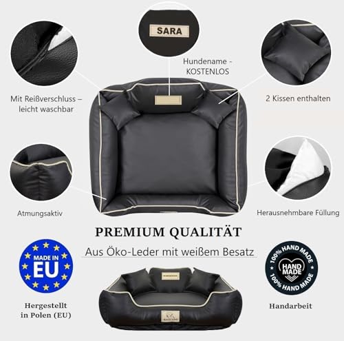 KING DOG Hundebett Mittelgroße Hunde Waschbar M 75x65 cm aus Öko-Leder Hundekissen Haustierbett Hundekorb Personalisiert - Name des Hundes Wasserdichtes Material Silikon Füllung Schwarz