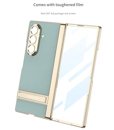 Image of Midkart Magnetic Case Compatible with Samsung Galaxy Z Fold 7 Release 2025 Hinge Protection Leather Cover with Stand Electroplated Camera Protection, Mint Green & Gold