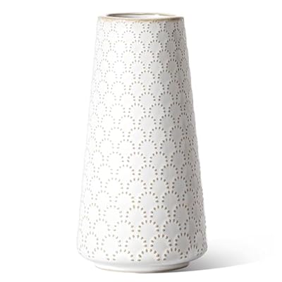 Ceramic Vase for Decor, 7.1 Inch White Flower Vase for Lego Flower,Tulip and Pampas Grass, Embossed Farmhouse Vase for Centerpieces, Home Living Room Dining Table Office Decor, Arctic White-Fireworks