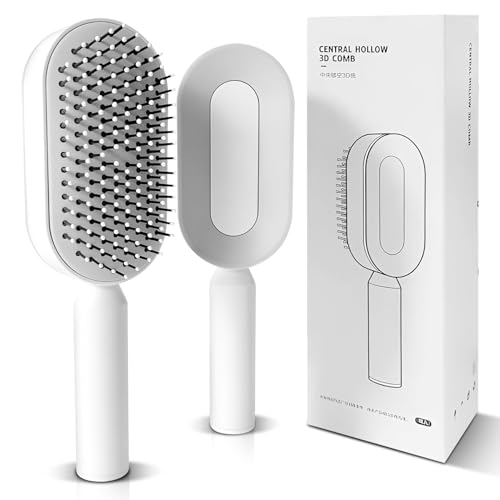 Mariyab Self Cleaning Hair Brush-New 3D Air Cushion Brush for Detangling-Scalp Massager-Hair Brush with Nylon Bristles for All Hair-Easy Clean Hair Brush for Women & Men (White)