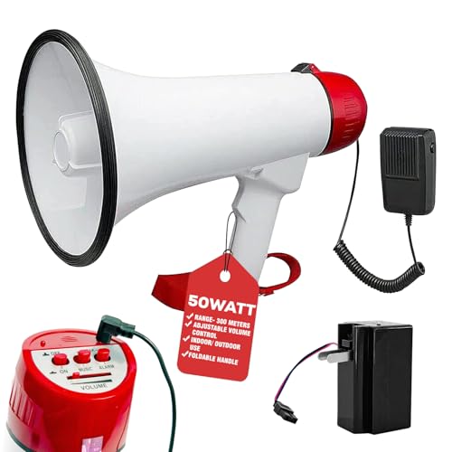 5 CORE Megaphone Bull Horn 50W Power 300 Meter Range Loud Siren Rechargeable Bullhorn PA Speaker System w Recording USB SD Card Adjustable Volume for Coaches Speeches Events Battery Included