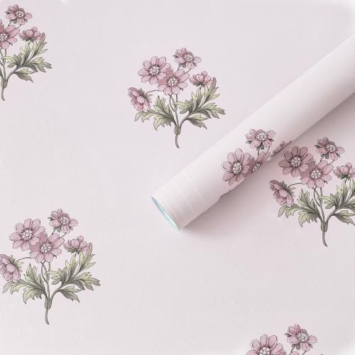 Safiyya Peel and Stick Wallpaper Pink Floral Contact Paper Wildflowers Botanical Farmhouse Wall Paper Waterproof Self Adhesive Removable Wallpaper for Bathroom Bedroom 17.3”×78.7”