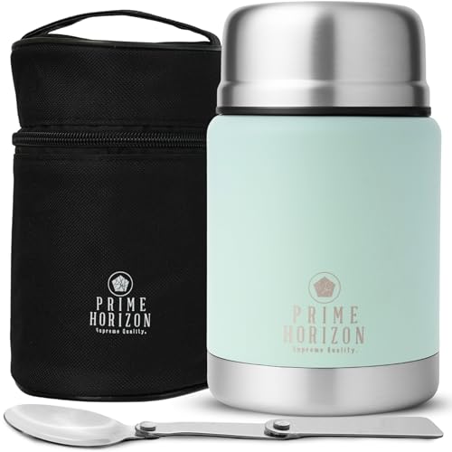 Prime Horizon Food Flask - 500ml Stainless Steel Vacuum Double Wall Jar with Folding Spoon, Leakproof and BPA Free. Free Insulated Travel Bag with Carabiner and Gift Box (Sage Green)