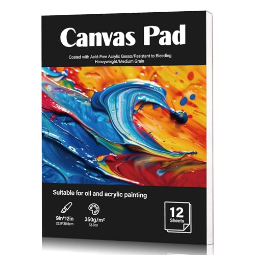 12 Sheets Canvas Paper Pad 9x12 350 GSM Canvas Sheets Glue Bound Canvas Sketchbook for Adults and Students - Acrylic Painting Oil Painting