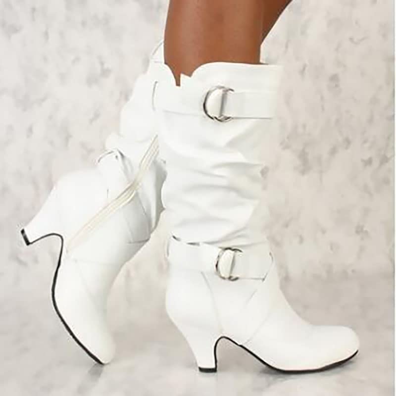 Women's Fashion Mid Knee High Heel Boots, Low Heel Zip Buckle Casual Mid Boots, Winter Warm Solid Color Wedding Boots3