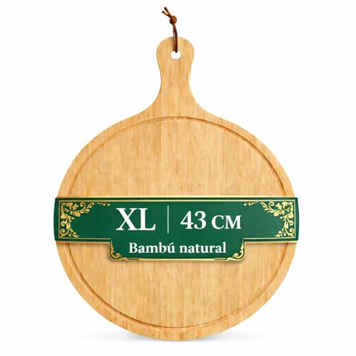 Plato de pizza de madera, tabla de madera bambú, XL 43cm tabla de cocina redonda, tabla aperitivos de madera grande con asa, para pizza