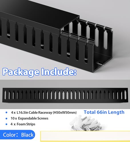 Image of 2 inch H x 2 inch W Cable Raceway, 66in Under Desk Wire Management Channel, Black | Slotted Wire Duct, 4Pack, 16.5in Each, Heavy-Duty PVC Cable Management for Server Racks, Network Cables & Electrical Cabinets