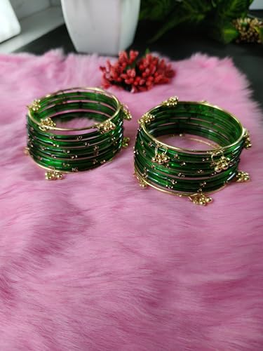 Image of NMII Viral Multi Colour Glass Bangles with Golden Ghungroo Charms & Stone Work For Women & Girls | Fancy Designer Glass Bangle | Traditional Chudi | Kanch Ki Churi | Stylish Ghungroo Bangle For Women