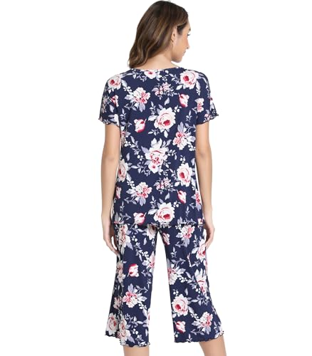 Image of NACHILA Women's Bamboo Viscose Pajama Sets Summer Cooling Short Sleeve Capri Soft Pjs Night Sweats Moisture Wicking Sleepwear
