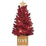 KI Store Lighted Red Berry Tree Tabletop Tree 16-Inch Potted Red Berry Christmas Tree with Lights and Timer for Xmas Party Table Centerpieces
