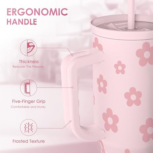 Image of Floral Tumbler with Handle and Straw 40oz Stainless Sleel Slider Tumbler Travel Coffee Mug for Women - Gift Idea for Birthday Christmas