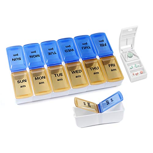 Pill Box 2 Times 7 Days with Pill Cutter, Removable Weekly Pill Case Organizer Pill Splitter for Small/Large Pill Daily Use for Elderly/Children/Adult/Pet
