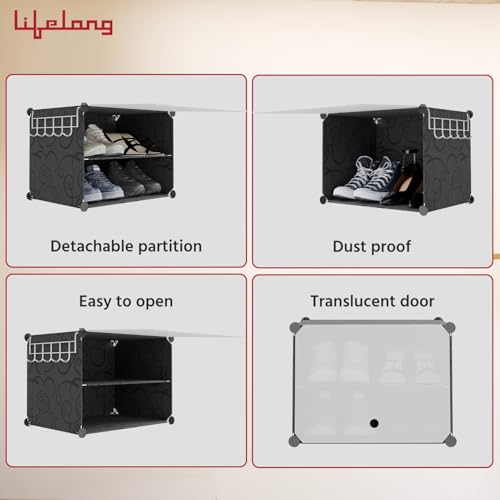 Image of Lifelong 3-Tier Modular Plastic Shoe Rack with Flip Drawers | Space-Saving Shoe Storage Organizer for Entryway, Hallway, Bedroom | Dust-Free Shoe Cabinet with Side Hooks| DIY Assembly, Black