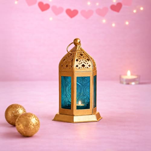 Image of MARKET 99 Moroccan Lantern Candle Holder | Metal & Glass Tealight Lantern | Golden & Blue Decorative Lamp | Home Decor for Living Room, Table & Dinner Setup | (Use LED T-Light only)