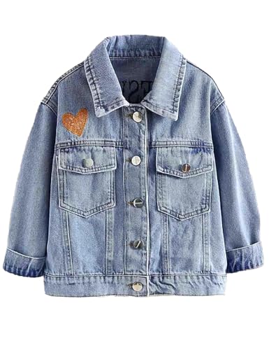 4-14Years Girls Denim Outerwear Jacket Heart Embroidered Sequin Jeans Jacket Long Sleeve Loose Collared Jacket Casual