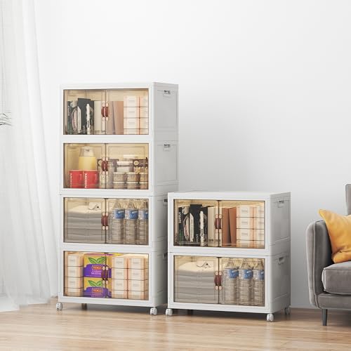 Image of UAMFURI Stackable Storage Bins with Lids, 288QT Lockable Storage Cabinet | Folding Storage Box with Doors and Wheels, Collapsible Plastic Drawers for Home, Garage, Office