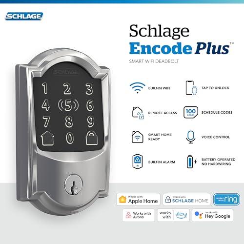 Schlage BE499WB CAM 625 Encode Plus WiFi Deadbolt Smart Lock, Keyless Entry Touchscreen Door Lock with Camelot Trim, Bright Chrome thumbnail 2