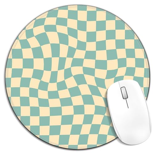 Cquwb 70s Retro Boho Sage Green Checkered Mouse Pad, Abstract Green and Cream Wavy Checkerboard Round Mousepad Mouse Mat with Anti-Slip Rubber Base for Computer Laptop Home Office Desk, 7.9x7.9 in