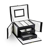 Asvert Caja Joyero Organizador de Joyerías 3 Niveles Cuero con Espejo para Pendientes, Pulseras, Anillos, Almacenamiento y Expositor 17.5x13.5x12cm (Negro)