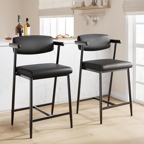 Image of GarveeHome Bar Stools Set of 2, 26.5 in Upholstered Counter Height Bar Stools for 2 with Armrest, Wider Thickened Cushion, Bar Chairs with Backrest for Bar, Dining Room, Kitchen, Retro Black