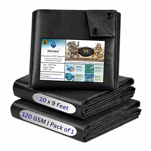 Image of Premium 10x9ft Black Tarpaulin, Thadika, 120 GSM Virgin Tharpai Sheet, Heavy Duty Waterproof Tadpatri Cover with Reinforced Eyelets & UV Protection, Ideal for Trucks, Farms & Home Use, 1 Sheet