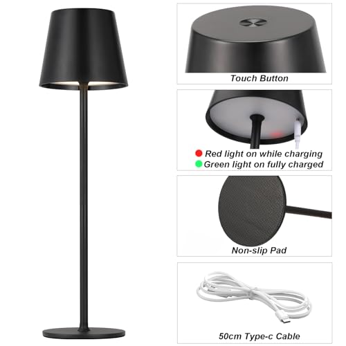 PreeOtti Tischlampe Kabellos, LED Tischleuchte Kabellos Akku mit 3 Farbtemperatur, Stufenlos Dimmbar, Touch Lampe mit Batterie USB-C Aufladbar für Outdoor Nachttisch Esstisch Camping(Schwarz)