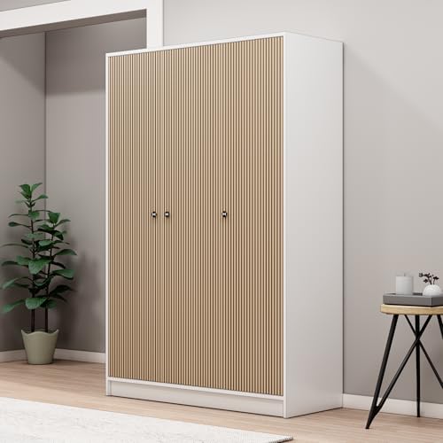 Image of Bniture Luxe 3 Door Wardrobe for Bedroom with Lockable Drawer & Hanging Space | Almirah for Clothes with Vertical Slatted Panels, Spacious Storage Cupboard with 7 Shelves | Frosty White & Giant Wood
