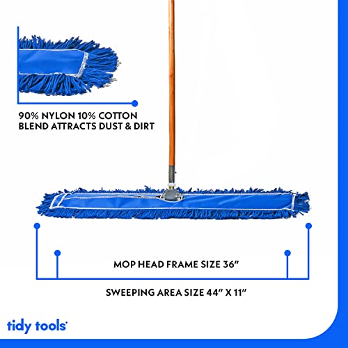 Tidy Tools Commercial Dust Mop & Floor Sweeper, 36 In. Dust Mop For Hardwood Floors, Cotton Reusable Dust Mop Head, Wooden Mop Handle, Industrial Dry Mop For Floor Cleaning & Janitorial Supplies, Blue #TOP2