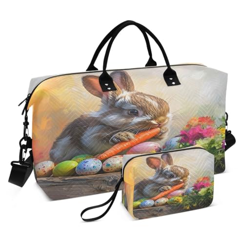 Bunny Rabbit Carrot Egg Travel Duffle Bag Gym Bag Weekender Bags with Toiletry Bag Travel Trip Tote Bag