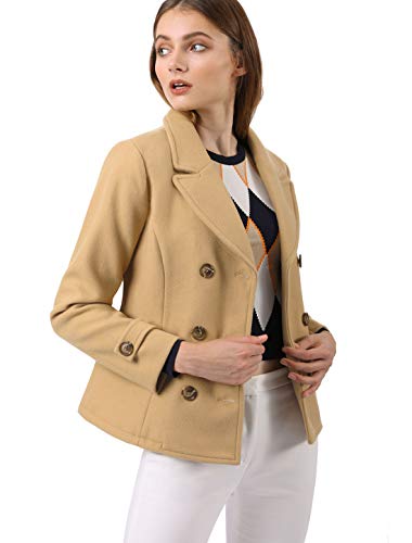 Allegra K Women's Classic Notched Lapel Double Breasted Pea Coat L Khaki