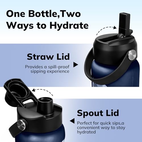 Image of Aqulea 32 oz Glass Water Bottle with 2 Lids - Spout & Straw Lids, 1L Motivational Borosilicate Glass Water Bottle with Time Marker & Silicone Sleeve, Leakproof (Blue)