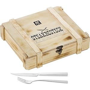 ZWILLING Steakbestekset voor 6 personen, 12-delig, 6 steakmessen en 6 steakvorken, incl. houten opbergkist, roestvrij staal/hout