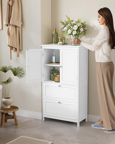 Image of VASAGLE Floor Storage Cabinet, Freestanding Unit, 2 Drawers, 2 Doors | Adjustable Shelf, 11.8 x 23.6 x 43.3 Inches, Bathroom, White, UBBC551P31