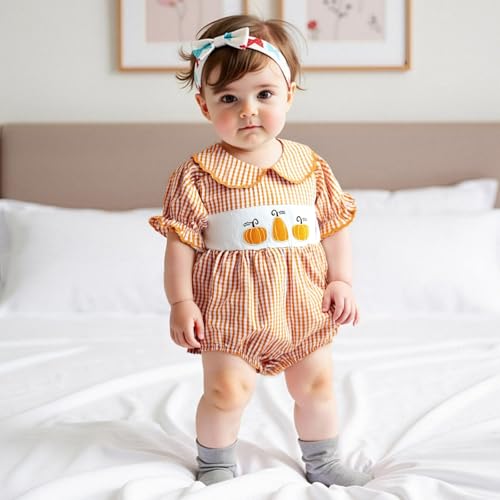 BULINGNA Newborn Baby Girl Halloween Outfit Bubble Sleeve Plaid Pumpkin Romper Summer Doll Collar Princess Clothes2