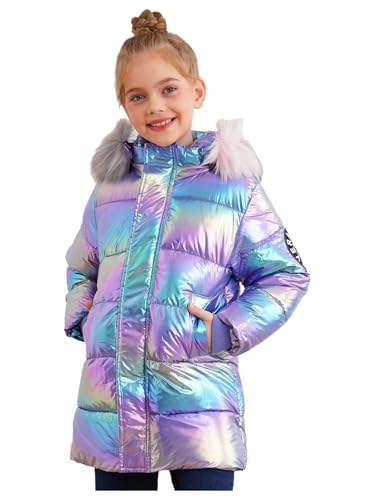 Kids Girls Metallic Padded Hooded Jacket Long Sleeve Warm Coat Sequin Zipper Outerwear