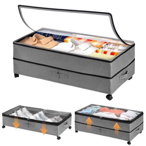 Absdefen ベッド下収納ボックス ベッド下収納ラック 服の収納ラック 高さ調節可能 大容量 ダストカバー付き ジッパー付き 防塵 透明 ローラー付き 移動台車 取り外し可能 収納ボックス 収納ケース ベッドの下 ワードローブ ソファの下 衣類収納 寝