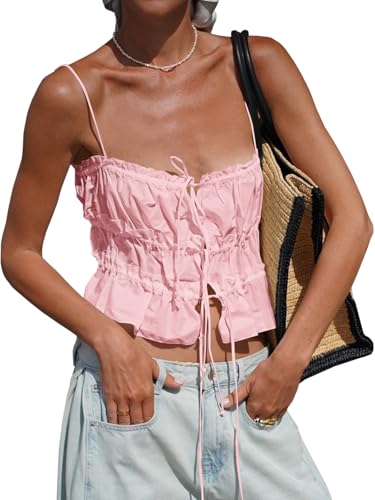 Image of Tankaneo Womens Summer Tie Front Crop Tops Cute Ruffle Ruched Spaghetti Strap Tank Tops Y2K Going Out Shirts