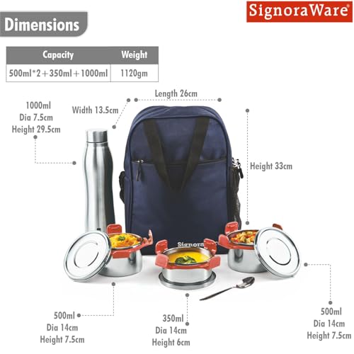 Image of SignoraWare All Steel Fusion Jumbo Stainless Steel Lunch Box | Airtight & Leakproof | Ideal for Office, School, Travel & Outdoor Use (500mlx2 + 350ml + 1 LTR | Set of 4 | Red)