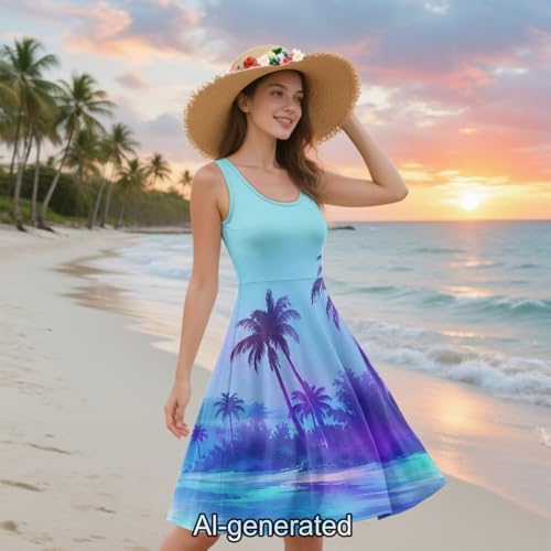 Image of Dreaweet Summer Dresses for Women A-Line Sleeveless Flowy Sun Dresses,Men's Casual Button-Down Shirts,Couple Matching Outfits
