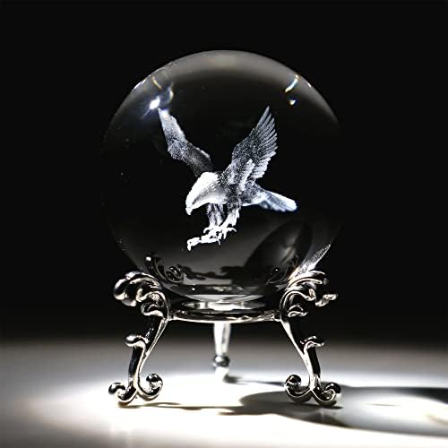 Engraved Eagle Crystal Ball Paperweight with Stand 60mm 3D Laser Etched Glass Spheres Decorative Balls(Clear)