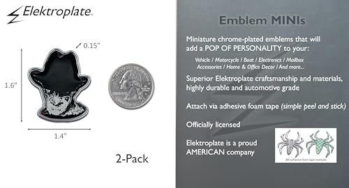 Image of Elektroplate Officially Licensed Mini Nightmare on Elm Street Freddy Krueger OEM Chrome Emblems for Motorcycles, Watercrafts, and Decorations | Universal Fit at 1.6 inch x 1.4 inch | Weatherproof | 2-Pack