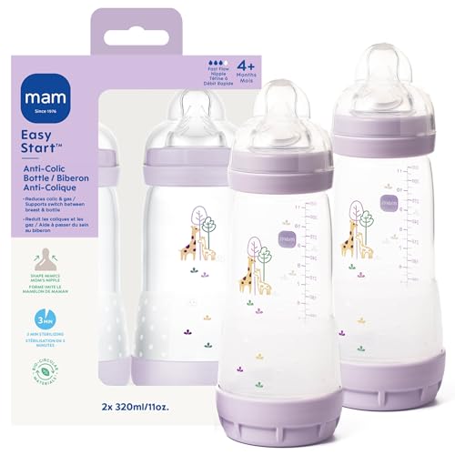 Image of MAM 11oz Easy Start Anti-Colic Wide Neck Baby Bottle, Fast Flow Breastfeeding-Like Nipple, Reduces Colic Gas & Reflux, Easy to Clean, BPA Free, 4+ Months, Made in Europe, 2 Pack