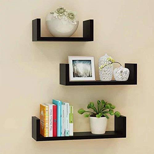 Image of Wooden Wall Mounted Shelf for Home Office, Decoration (Number of Shelves - 3) (Black)