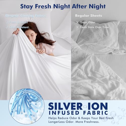 Image of Elegear King Cooling Sheets for Hot Sleepers, Silver Infused Arc-Chill 3.0 Bed Sheet Set, Q-Max 0.5 Silky Soft Breathable Cool Bedding Set for Night Sweats, 18 inch Deep Pocket, 4 Pieces, White