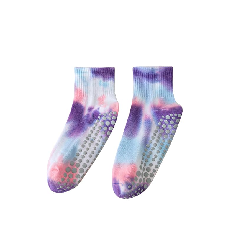 WARMVIN Pilates Ankle Socks with Grips for Women Cute Tie Dye Non Slip Yoga Socks Colorful for Barre (Purple)