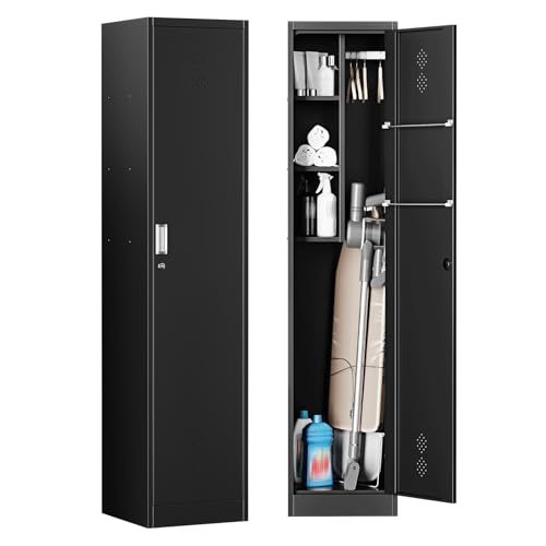 Broom Closet Storage Cabinet Metal Cleaning Tool Cabinet Utility Closet Cleaning Supplies with Locking Door Broom Rack Shelf for Broom mops Garage Storage 71