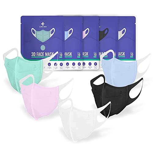 Image of CARE VIEW N95 3 Dimensional Disposable Face Mask Pouch, Multicolor,with Incredibly Soft Spandex Non Woven Fabric Ear loop (Blue,Green,White, Pink,Black PACK OF 50)